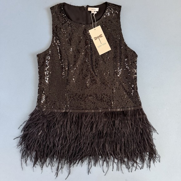 NWT Tyler Boe Bella Sequin Ostrich Feather Trim Black Tank Top - Picture 2 of 6